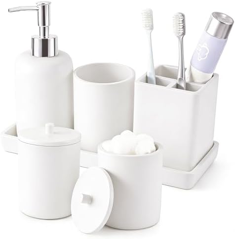 XLHOMO Resin White Bathroom Set, 6 Pcs Bath Decor and Accessories Sets