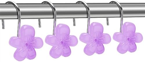Cute Flower Shower Curtain Hooks, Glow in The Dark, Pretty Floral Themed Elegant Bathroom Decor, Purple