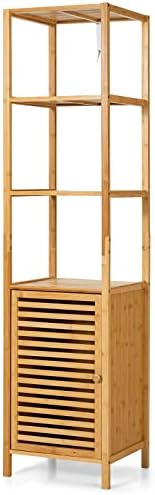 Tangkula Bathroom Cabinet, 65 Inch Tall Slim Bathroom Storage Cabinet with Shutter Door and 3 Open Shelves, Narrow Multifunctional Tower Cabinet, Natural Bamboo, 15.5 x 14.5 x 65 Inch