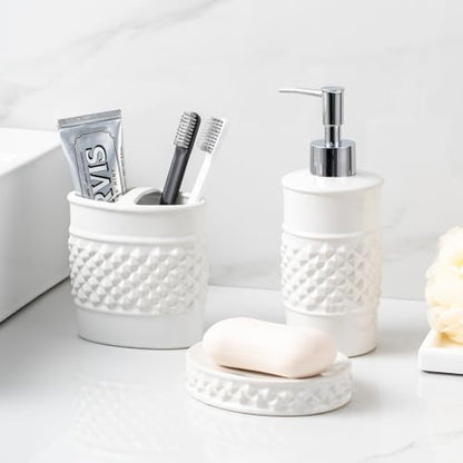 3-Piece White Ceramic Bathroom Accessories Set - Luxurious Soap Dispenser, Toothbrush Holder & Soap Dish with Modern Geo Embossed Design for Bathroom Accessory Set