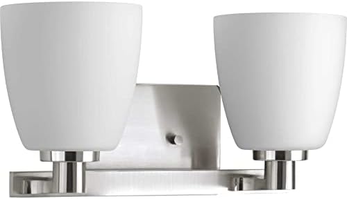 Progress Lighting 2 Light Bathroom Vanity Light, Coastal Style Modern Bath Lighting Fixture with Etched White Glass Shade for Over The Mirror, Reversible Mounting, Fleet Collection, Brushed Nickel