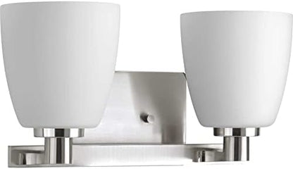 Progress Lighting 2 Light Bathroom Vanity Light, Coastal Style Modern Bath Lighting Fixture with Etched White Glass Shade for Over The Mirror, Reversible Mounting, Fleet Collection, Brushed Nickel