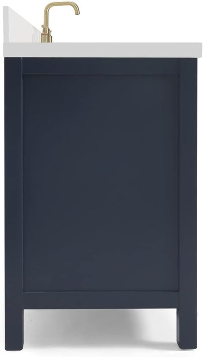 ARIEL Cambridge 54-inch Bathroom Vanity with Sink,Solid Wood, 1.5-inch Pure White Quartz Countertop, Single Rectangular Porcelain Sink, 2 Soft Closing Doors, 9 Dovetail Drawers, Midnight Blue