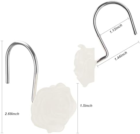 Rose Shower Curtain Hooks, Glow in The Dark, Pretty Floral Themed Elegant Bathroom Decor, White