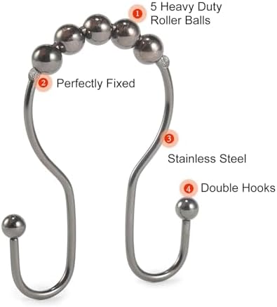 Goowin Shower Curtain Hooks, 12 Pcs Shower Curtain Rings, Stainless Steel Shower Curtain Hangers, Double Hook Shower Curtain Hooks, Smooth Sliding Anti-Drop Shower Rings for Curtain (Bronze)
