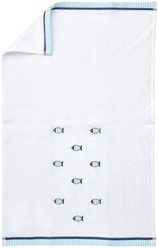 Ritz 2-Piece Cotton Velour Bathroom Hand Towel Set, Embroidered Allover Fish Design, White & Blue Nautical Decorative Towels for Lake House, Beach, Coastal Decor, 16” x 26”