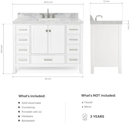 ARIEL Cambridge 48-inch Bathroom Vanity with Sink,Solid Wood, 2-inch Italian Carrara Marble Countertop, Single Rectangular Porcelain Sink, 2 Soft Closing Doors, 9 Dovetail Drawers, White
