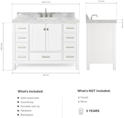 ARIEL Cambridge 48-inch Bathroom Vanity with Sink,Solid Wood, 2-inch Italian Carrara Marble Countertop, Single Rectangular Porcelain Sink, 2 Soft Closing Doors, 9 Dovetail Drawers, White