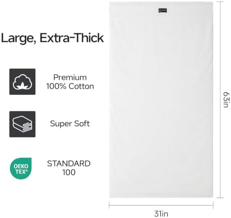 REDKISS 4 Pack Large Bath Towels Set, 100% Cotton, 31x63 in, Heavyweight 760G, Highly Absorbent & Quick Dry, Super Soft Luxury Towels for Bathroom,Hotel Collection - White