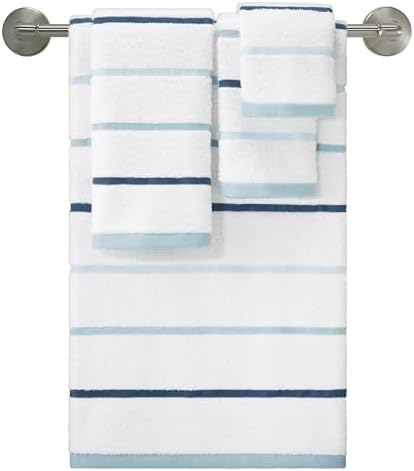IZOD – Towel Set, Plush Ringspun Cotton Blend Bath Towel, Hand Towel & Washcloths, Striped Design, Set of 4 (Sandbar Blue)