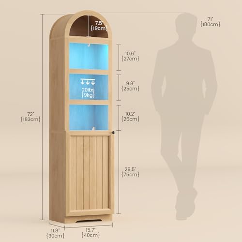 UPOSOJA 72" Tall Arched Narrow Bathroom Storage Cabinet with Lights, Slim Storage Cabinet with Adjustable Shelves for Small Spaces, Farmhouse Style (Oak)