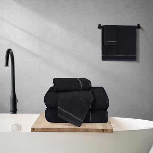 MyOwn Ultra Soft 6 Pack Cotton Towel Set, Contains 2 Bath Towels 28x55 inch, 2 Hand Towels 16x24 inch & 2 Wash Coths 12x12 inch, Ideal Everyday use, Compact & Lightweight - Black