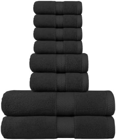 BY LORA 8-Pc Cotton Towel Set, Quick Dry Hotel Bath Hand Washcloths, Black