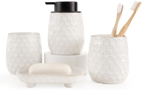 Bathroom Accessory Set 4PCS, Ceramic Bathroom Accessories Set, Bathroom Accessories Sets Complete, White Honeycomb Design, Home Apartment Modern Bath Decor Vanity Countertop, ANTIS'S HOME