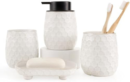 Bathroom Accessory Set 4PCS, Ceramic Bathroom Accessories Set, Bathroom Accessories Sets Complete, White Honeycomb Design, Home Apartment Modern Bath Decor Vanity Countertop, ANTIS'S HOME