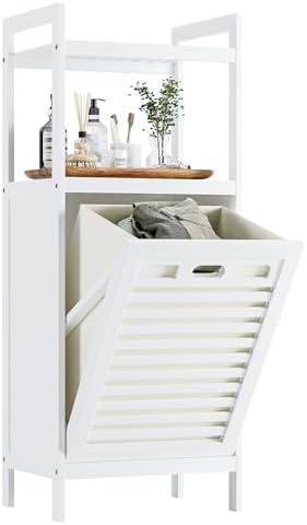 HITNET Bamboo Tilt Out Hamper, 10 Gal Bathroom Laundry Cabinet with Hidden Foldable Basket, Freestanding Clothes Storage Organizer with Storage Shelf, White