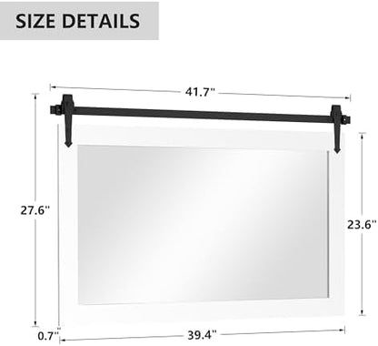 Farmhouse Barn Door Mirror - 42" x 28" Rustic Wood Framed Wall Mirror for Bathroom, Living Room, Bedroom Wall Decor (Bright White)