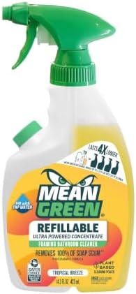 Mean Green Refillable Ultra Powered Bathroom Cleaner Concentrate, Tropical Breeze, 14.3 fl oz – Plant & Mineral Based, Removes 100% of Soap Scum, Refillable Bottle Makes 4X Refills
