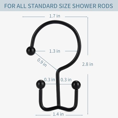 Goowin Shower Curtain Hooks, 12 Pcs Shower Curtain Rings, Durable Rust Proof Black Shower Curtain Hooks, Shower Rings for Curtain, Double Glide Shower Hooks for Shower Curtain Rods, Black