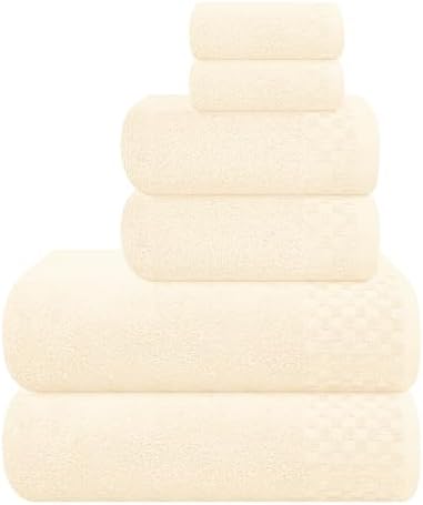 MyOwn Premium Cotton 6 Pack Towel Set for Bathroom, Contains 2 Bath Towels 28x55 inch, 2 Hand Towels 16x24 inch & 2 Wash Coths 12x12 inch, Ideal Everyday use, Compact & Lightweight - Ivory