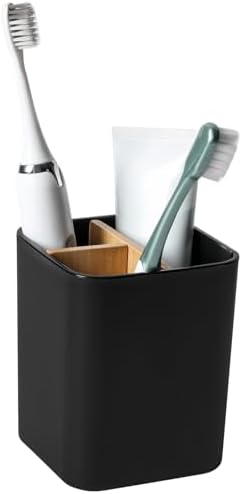 Bamboo Toothbrush Holder for Bathrooms Toothpaste Organizer - Black