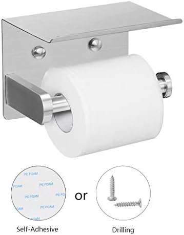 VAEHOLD Self Adhesive Toilet Paper Holder with Phone Shelf Stainless Steel Wall Mounted Toilet Paper Roll Holder - Rustproof and Bathroom Washroom Tissue Roll Holder with Storage Shelf - Silver