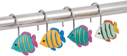 12Pcs Tropical Fish Shower Curtain Hooks Decorative for Curtain Rods, Cute Animals Shower Curtain Rings, Silver Stainless Steel Metal Shower Curtain Hanger Hooks, Kids Ocean Bathroom Decor Accessories