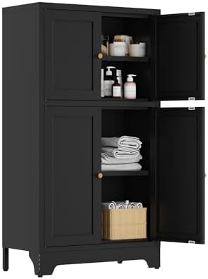 YAUWOH Bathroom Floor Cabinet, Metal Storage Cabinet with 2 Adjustable Shelves & 4 Doors,Freestanding Sideboard for Dining Room,Living Room, Home Office(1PC,Black)