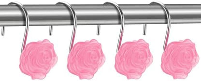 Rose Shower Curtain Hooks, Glow in The Dark, Pretty Floral Themed Elegant Bathroom Decor, Pink