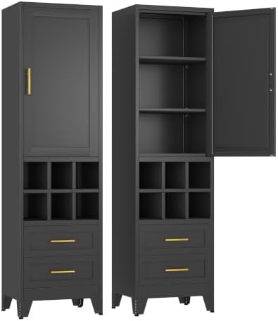 Ckzbx Tall Narrow Storage Cabinet, 66.93" H Tall Bathroom Cabinet Metal Pantry Cabinets with Hollowed-Out, 3 Adjustable Shelves, for Kitchen, Bathroom, Home Office, Living Room (Black)