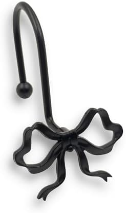 Black Bow Shower Curtain Hooks, 12 Pack Gothic Coquette Bathroom Decor, Decorative Metal Rust Proof Shower Curtain Rings for Dark Feminine, Vintage & Cute Bathroom Aesthetic