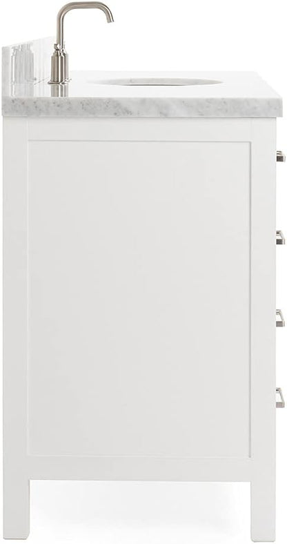 ARIEL Cambridge 54-inch Bathroom Vanity with Sink,Solid Wood, 1.5-inch Italian Carrara Marble Countertop & Backsplash, Single Oval Porcelain Sink, 2 Soft Closing Doors, 9 Dovetail Drawers, White