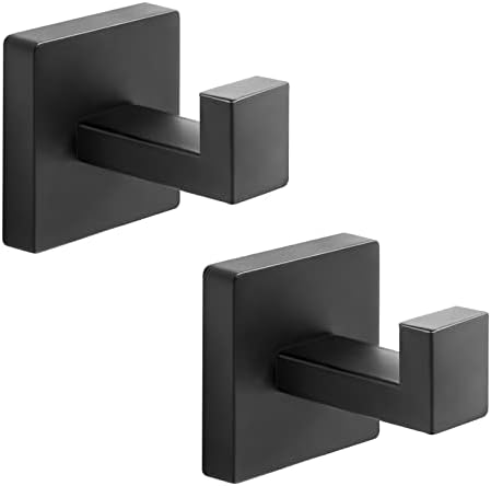 Heavy Duty Stainless Steel Towel Hooks, Wall Mounted Square Robe Hooks for Bathroom, Kitchen, Bedroom, Hotel Matte Black 2 Pack