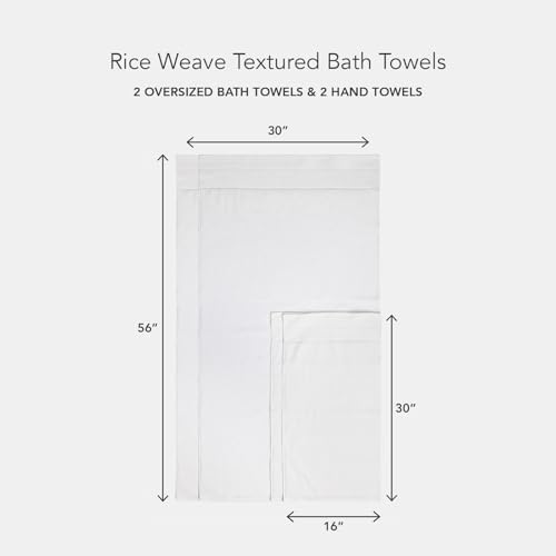 Texere 100% Organic Cotton Rice Weave Jacquard 700 GSM Luxury Bath Towel Sets - Ultra Soft and Absorbent Hotel and Spa Quality (Rice Weave, Bright White, 2 Bath & 2 Hand Towels)