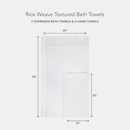 Texere 100% Organic Cotton Rice Weave Jacquard 700 GSM Luxury Bath Towel Sets - Ultra Soft and Absorbent Hotel and Spa Quality (Rice Weave, Bright White, 2 Bath & 2 Hand Towels)