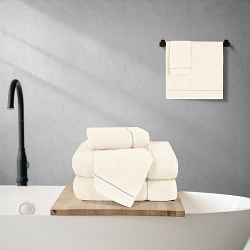 MyOwn Ultra Soft 6 Pack Cotton Towel Set, Contains 2 Bath Towels 28x55 inch, 2 Hand Towels 16x24 inch & 2 Wash Coths 12x12 inch, Ideal Everyday use, Compact & Lightweight - Ivory