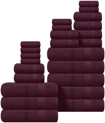 GLAMBURG Ultra Soft 24-Piece Towel Set - 100% Pure Ringspun Cotton, Contains 8 Oversized Bath Towels 27x54, 8 Hand Towels 16x28, 8 Wash Cloths 13x13 - Ideal for Everyday use, Hotel & Spa - Burgundy