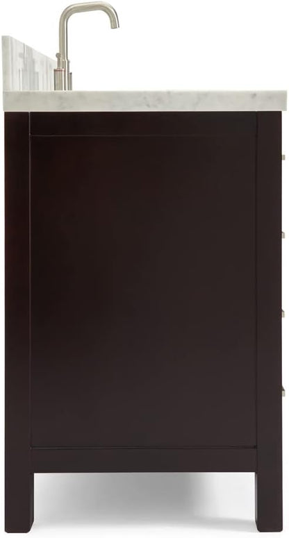 ARIEL Cambridge 54-inch Bathroom Vanity with Sink,Solid Wood, 1.5-inch Italian Carrara Marble Countertop, Single Rectangular Porcelain Sink, 2 Soft Closing Doors, 9 Dovetail Drawers, Espresso