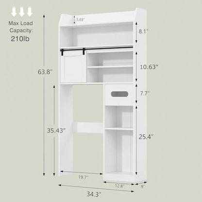 VECELO Over The Toilet Storage Cabinet with Sliding Doors, 63.8" Toilet Organizer with Adjustable Shelves, Paper Holder and Racks, for Bathroom Laundry, White