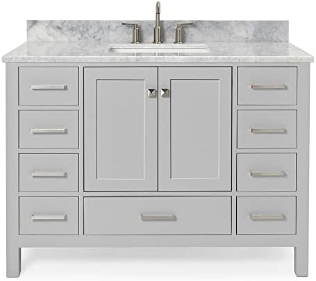 ARIEL Cambridge 48-inch Bathroom Vanity with Sink,Solid Wood, 0.75-inch Italian Carrara Marble Countertop, Single Rectangular Porcelain Sink, 2 Soft Closing Doors, 9 Dovetail Drawers, Grey