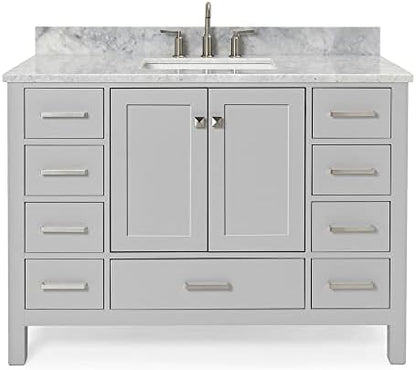 ARIEL Cambridge 48-inch Bathroom Vanity with Sink,Solid Wood, 0.75-inch Italian Carrara Marble Countertop, Single Rectangular Porcelain Sink, 2 Soft Closing Doors, 9 Dovetail Drawers, Grey