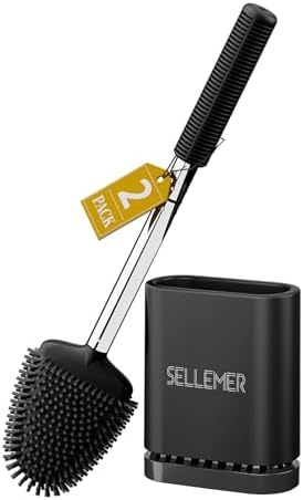 Sellemer Silicone Toilet Brush, Ventilation Slots Base Holder 2 Pack, Black