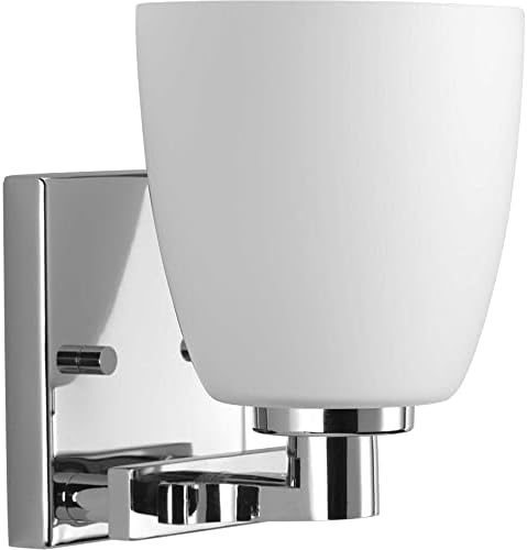 Progress Lighting 1 Light Bathroom Vanity Light, Coastal Style Modern Bath Lighting Fixture with Etched White Glass Shade for Over The Mirror, Reversible Mounting, Fleet Collection, Polished Chrome