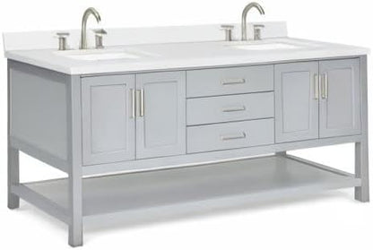 ARIEL Hutton 72-inch Bathroom Vanity with Sink,Solid Wood, 1.5-inch Pure White Quartz Countertop & Backsplash, Double Rectangular Porcelain Sink, 4 Soft Closing Doors, 3 Dovetail Drawers, Grey