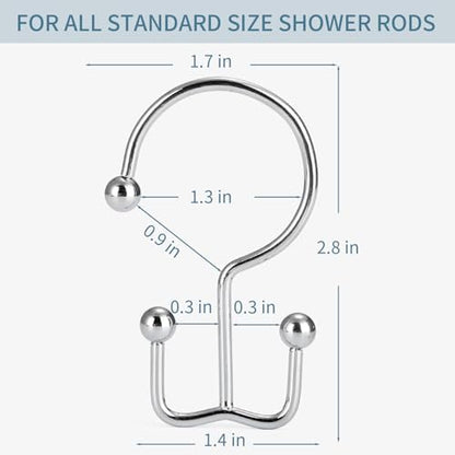 Goowin Shower Curtain Hooks, 12 Pcs Shower Curtain Rings, Durable Rust Proof Silver Shower Curtain Hooks, Shower Rings for Curtain, Double Glide Shower Hooks for Shower Curtain Rods, Chrome