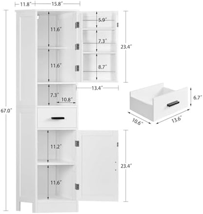 67" H Tall Storage Cabinet with 2 Doors, Narrow Bathroom Storage Cabinet