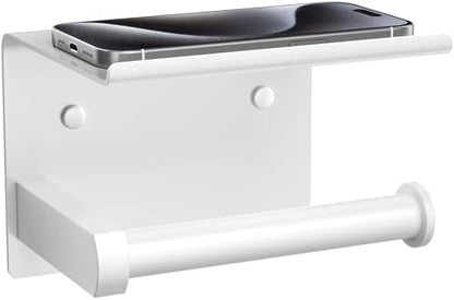 Tindbea Toilet Paper Holder with Phone Shelf, Adhesive or Screw Wall Mount Toilet Tissue Roll Holder, Rustproof & Multifunctional Stainless Steel Bathroom Storage Dispenser (White)