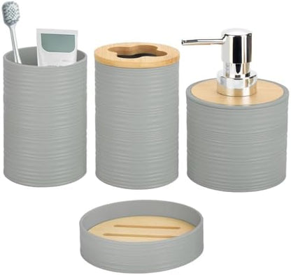 RRM 4 Piece Bamboo Bathroom Accessories Set, Boho Bathroom Decor, Grey