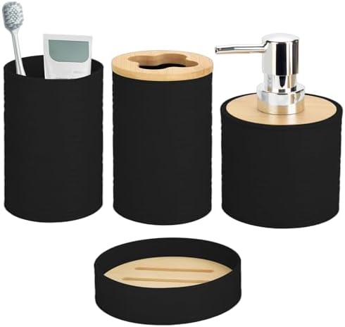 RRM Bamboo Bathroom Accessories Set 4 Pcs, Boho Bathroom Decor, Black