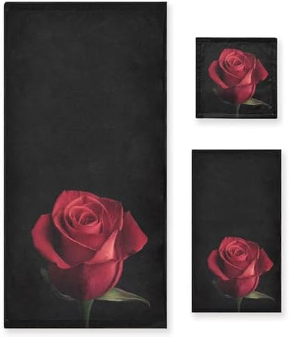 Naanle 3D Beautiful Red Rose Print Soft Luxury Decorative Set of 3 Towels, 1 Bath Towel+1 Hand Towel+1 Washcloth, Multipurpose for Bathroom, Hotel, Gym, Spa and Beach(Black)